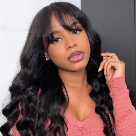 Glueless Black Long Hair Loose Deep Wave Wigs with Bangs