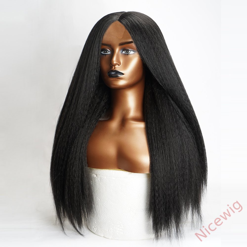 Glueless Kinky Yaki Straight Brazilian Black Long Wigs