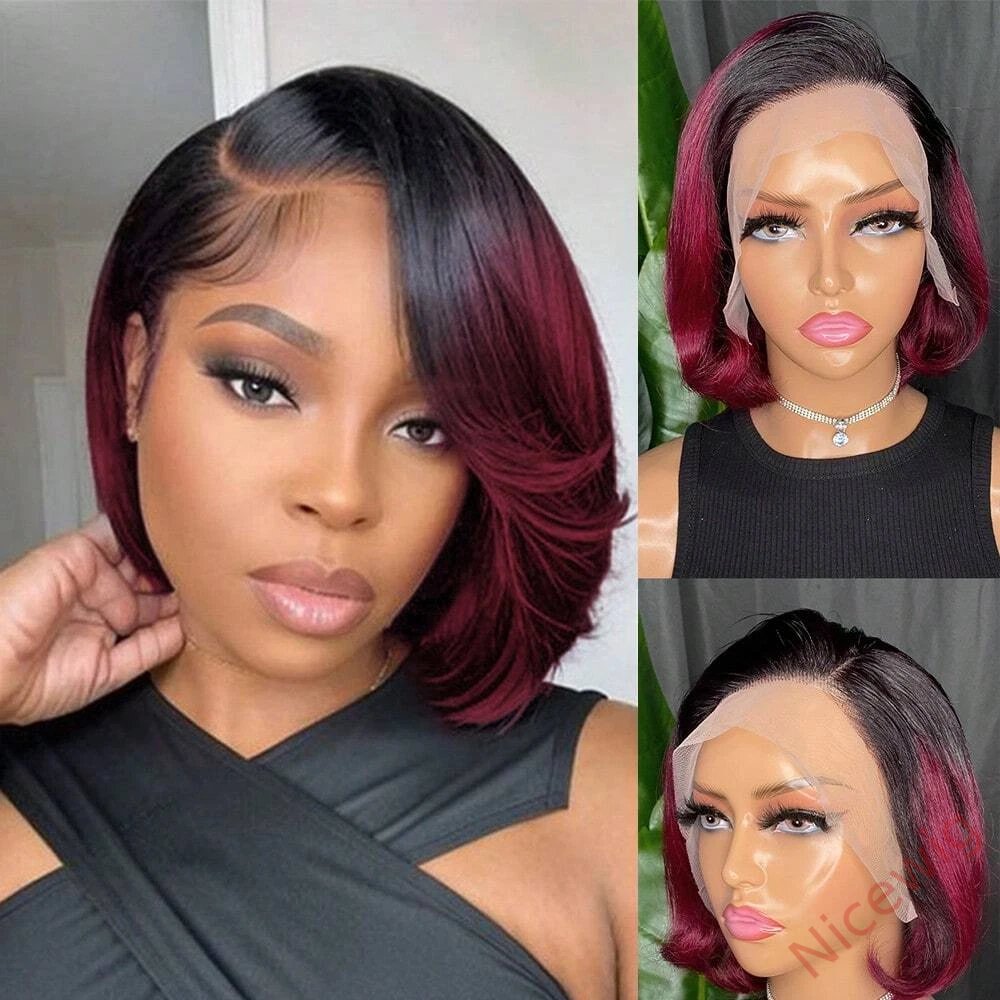 Black Gradient Red Centre Parting Long Hair Straight Wig