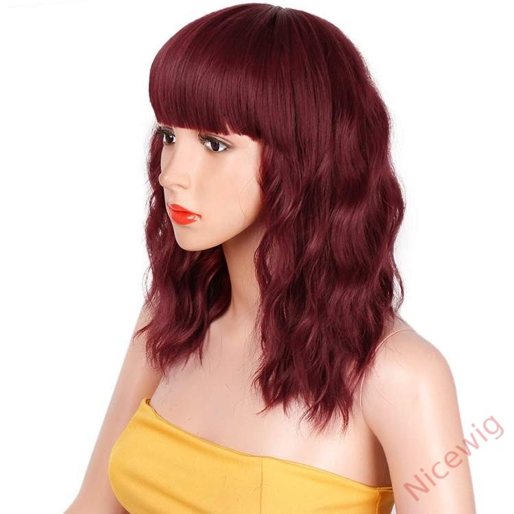Wine Red Medium Hiar Bob Body Wave Wig With Bangs