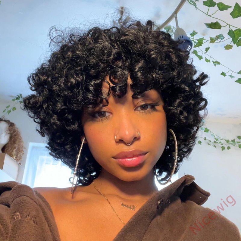 Kinky Curly Wigs With Bangs Fluffy African Ombre Glueless Wigs