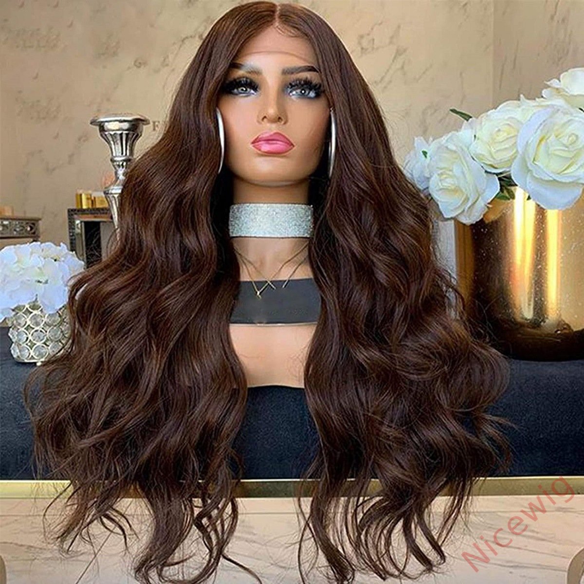 Brown Long Hair Brazilian Body Wavy Wigs