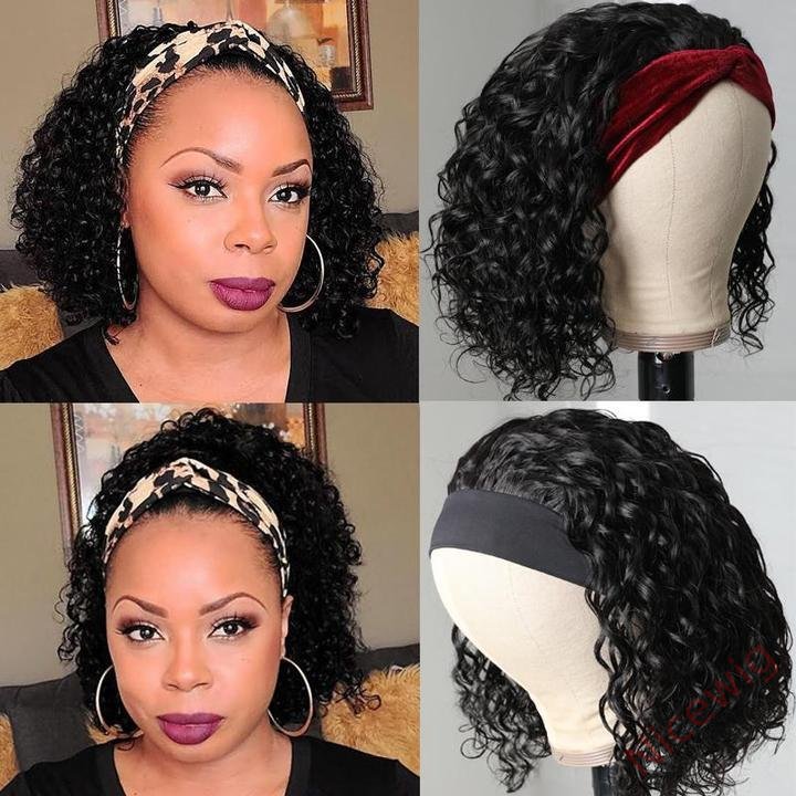 Natural Black Curly Headband Short Bob Wig
