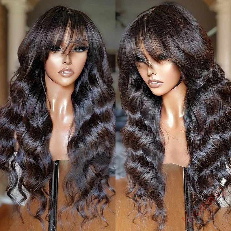 Glueless Black Long Hair Loose Deep Wave Wigs with Bangs