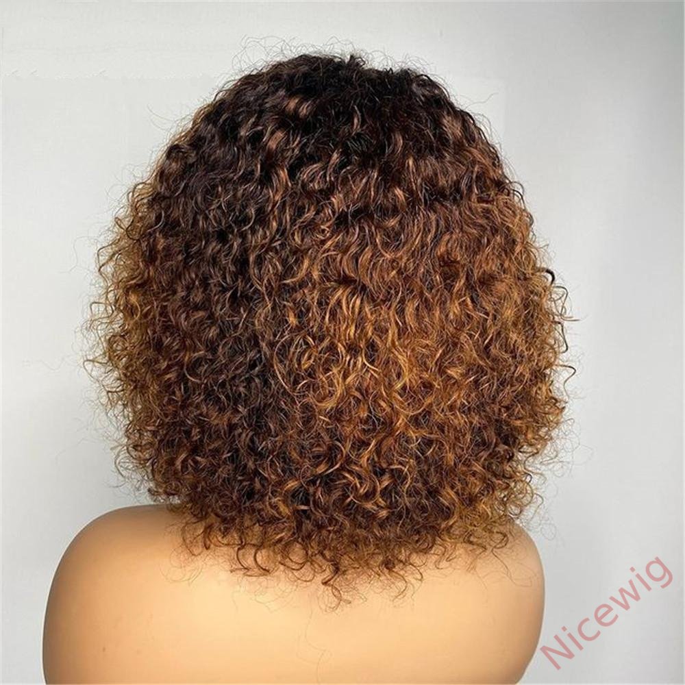 Light Brown/Black Color Brazilian Remy Curly Hair Wig With Bangs Glueless Wigs