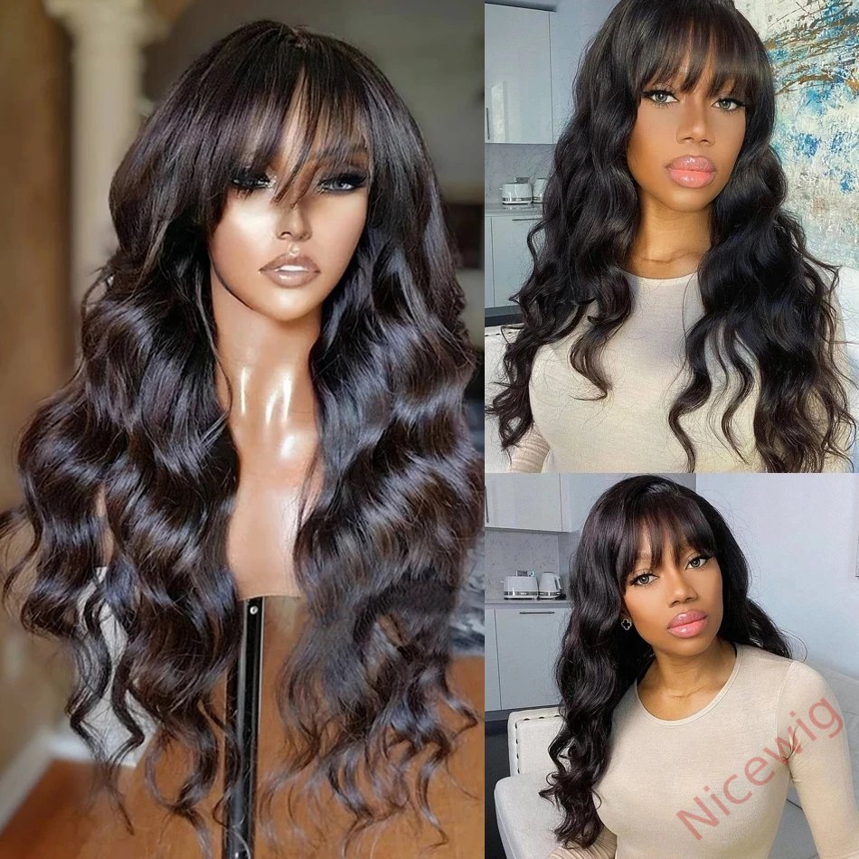 Glueless Black Long Hair Loose Deep Wave Wigs with Bangs