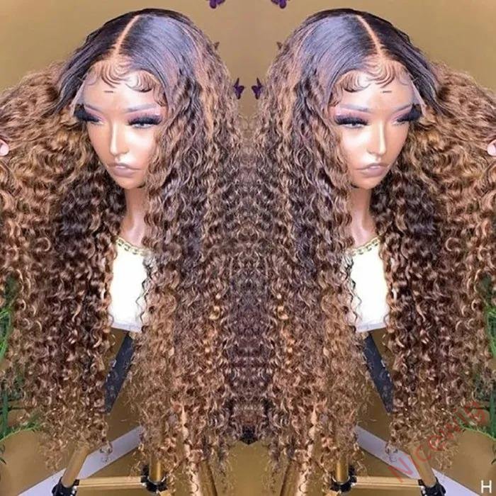 Brown Mixed Blonde Brazilian Water Wave Curly Wigs