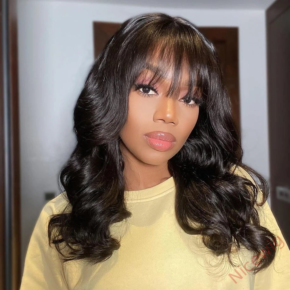 Glueless Black Long Hair Loose Deep Wave Wigs with Bangs