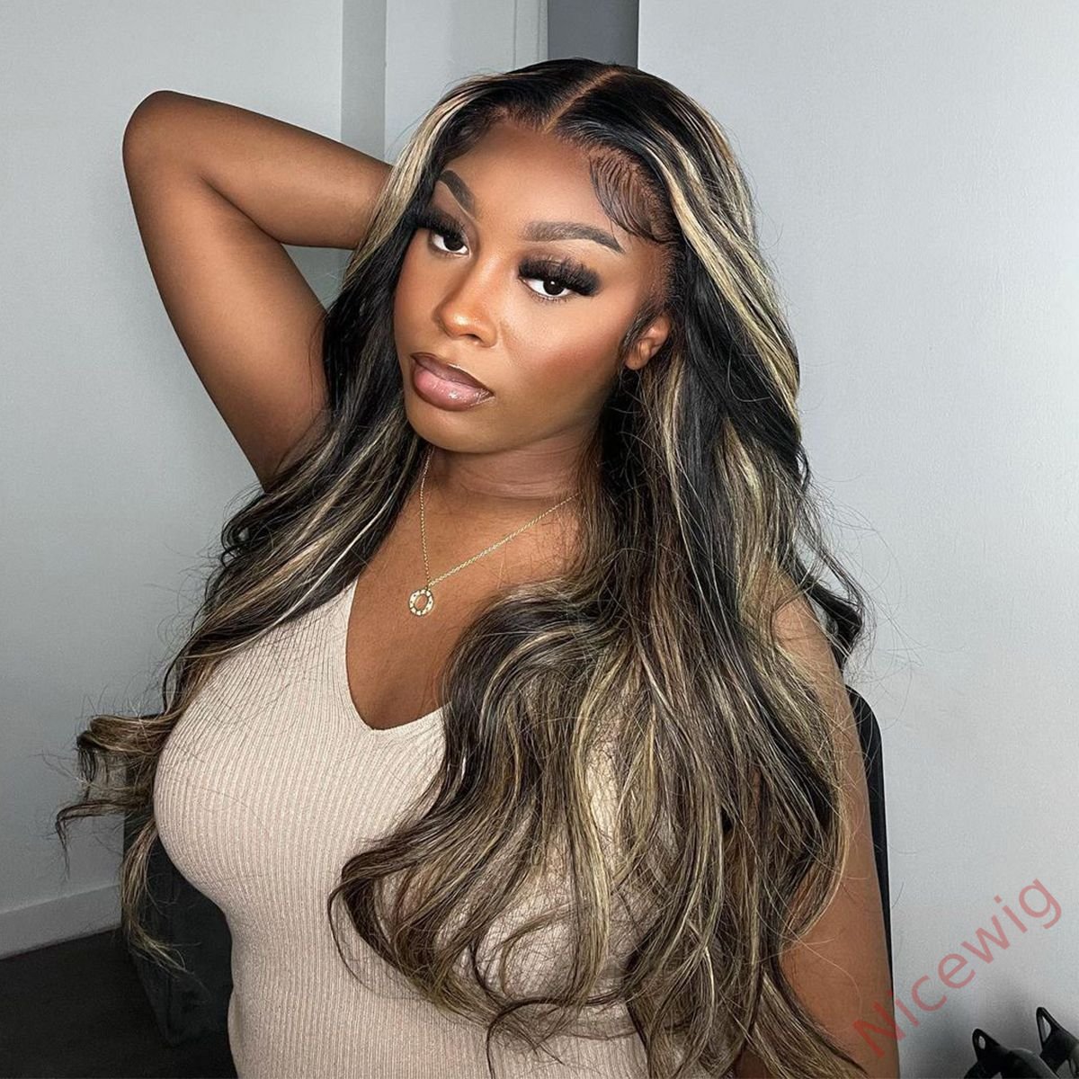 Glueless Brown Mixed Blonde Highlights Loose Wave Long Wig