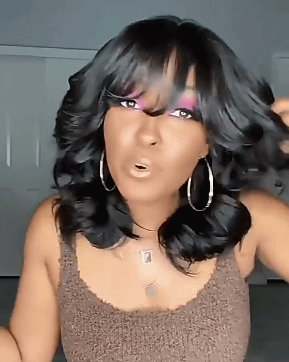 Natural Black Medium Hair Bob Body Wave Wig With Bangs