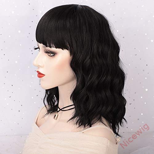 Natural Black Medium Hair Bob Body Wave Wig With Bangs