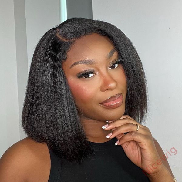 New Glueless Yaki Kinky Straight 200% Density Black Wig