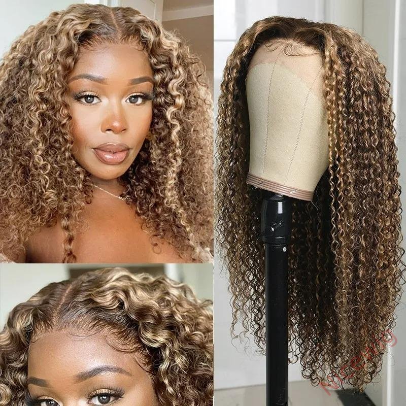 Hightlight Brown Mixed Blonde Brazilian Water Wave Long Hair Curly Wig