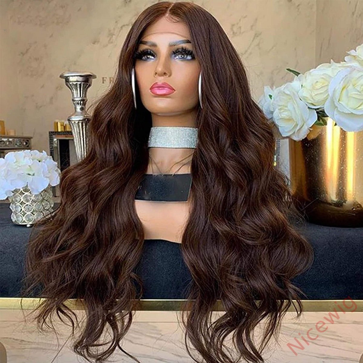 Brown Long Hair Brazilian Body Wavy Wigs
