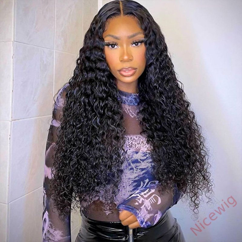Glueless Brazilian Natural Black Water Wave Long Curly Wig