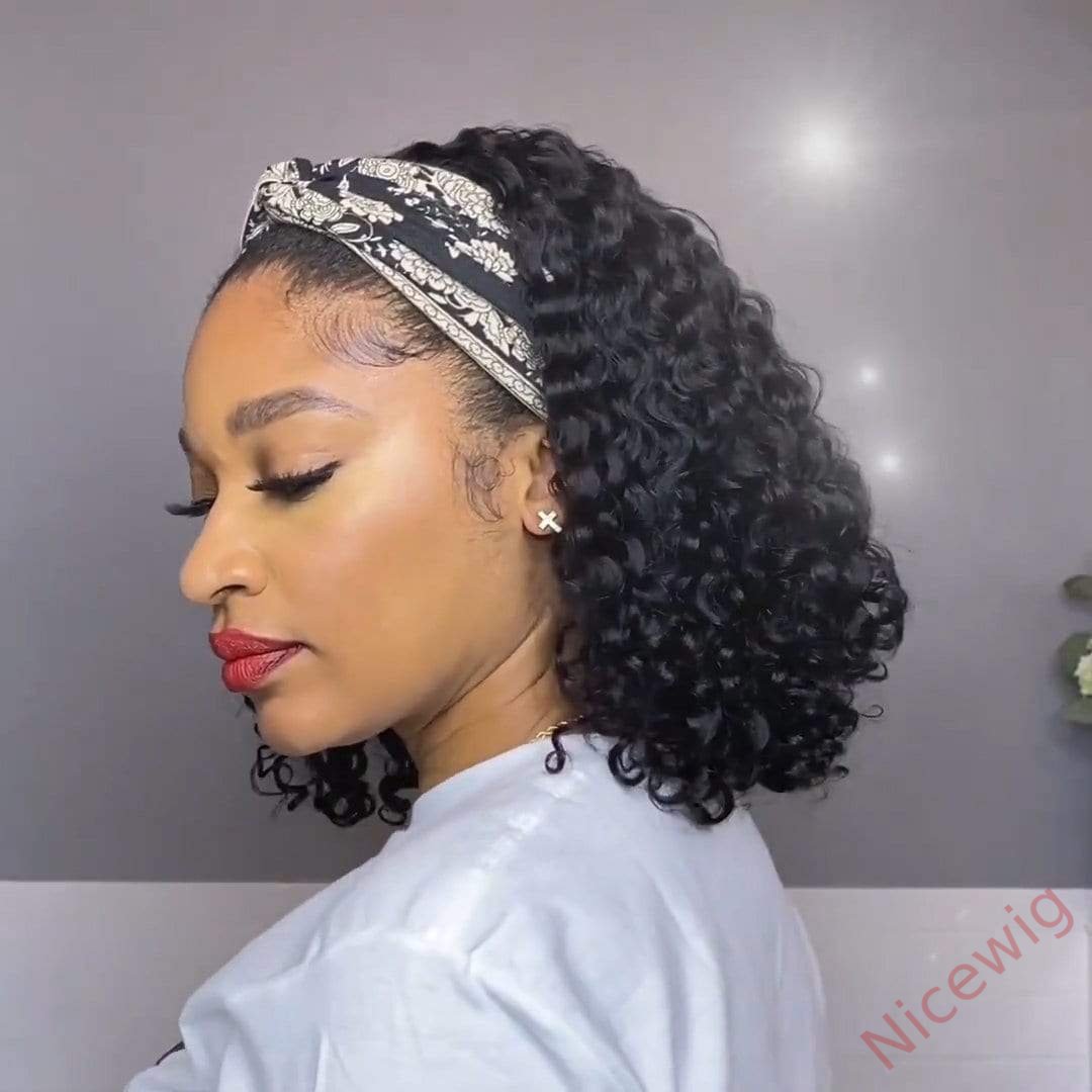 Natural Black Curly Headband Bob Wig