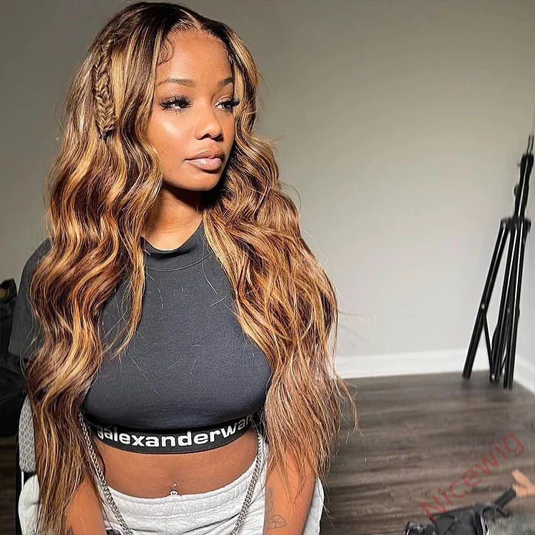 Glueless Brown Mixed Blonde Highlights Loose Wave Long Wig