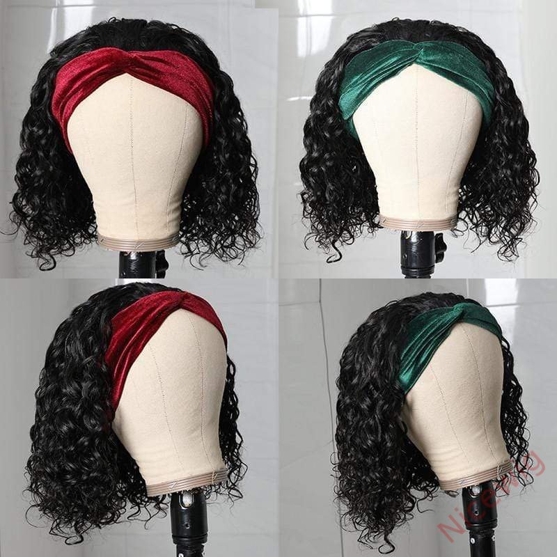 Natural Black Curly Headband Short Bob Wig