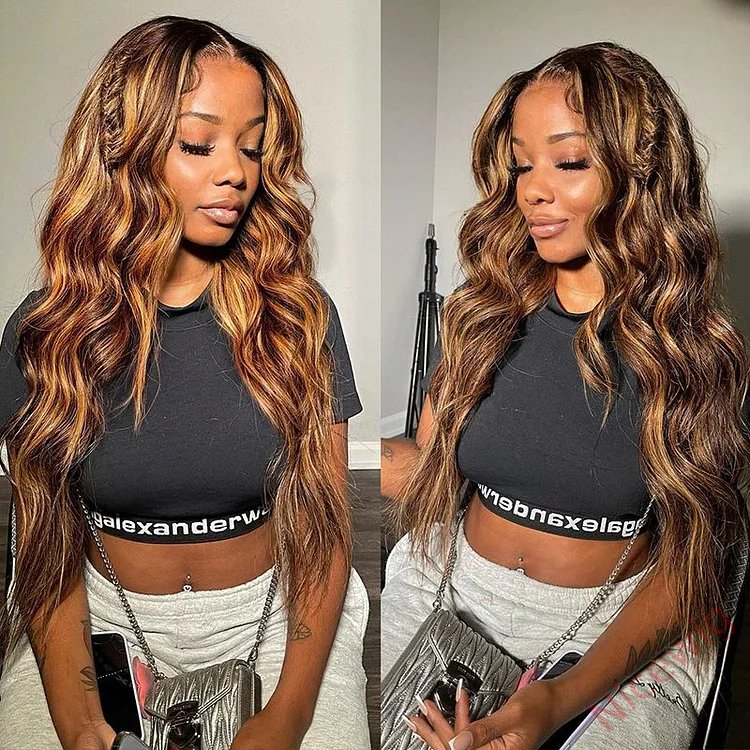 Glueless Brown Mixed Blonde Highlights Loose Wave Long Wig