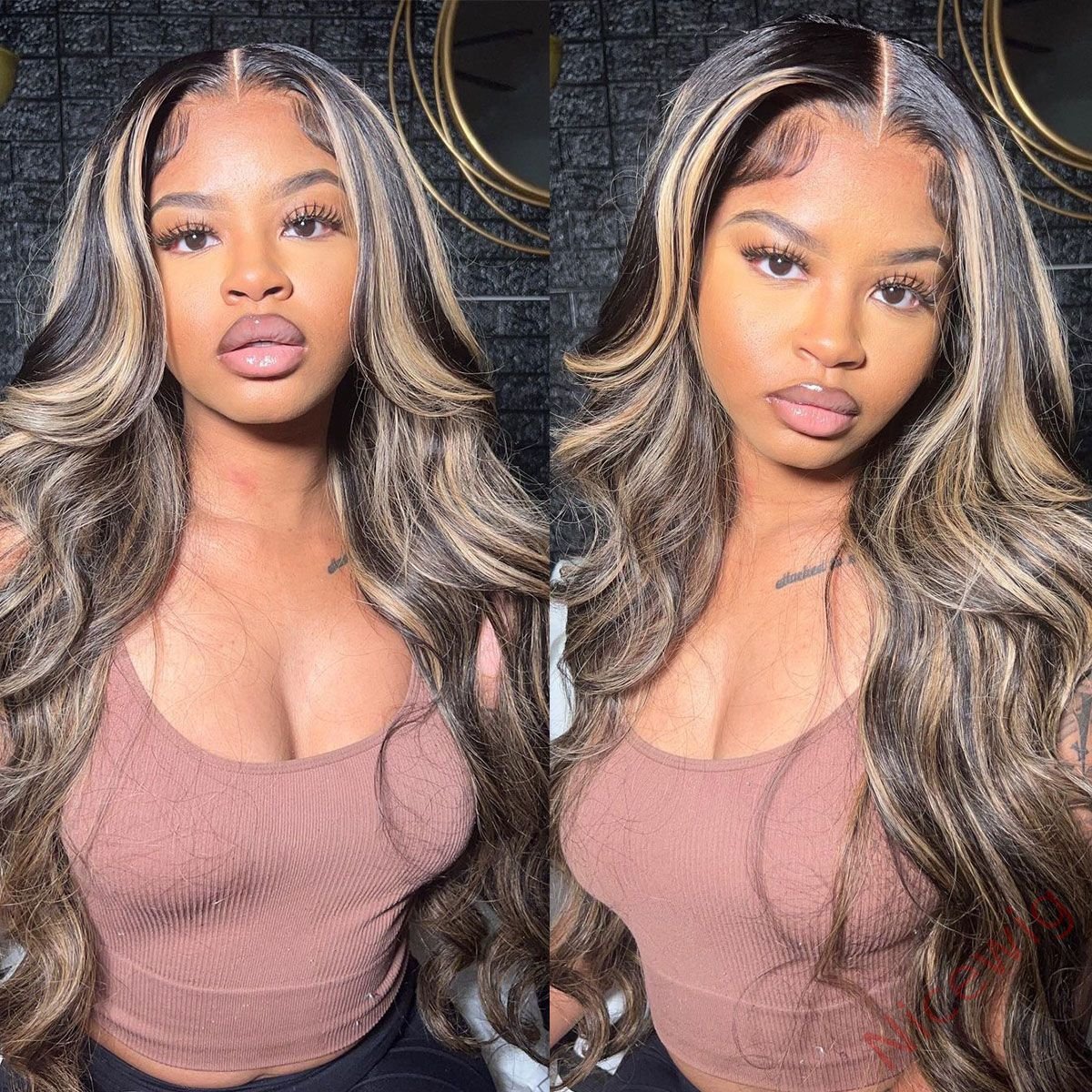 Glueless Brown Mixed Blonde Highlights Loose Wave Long Wig