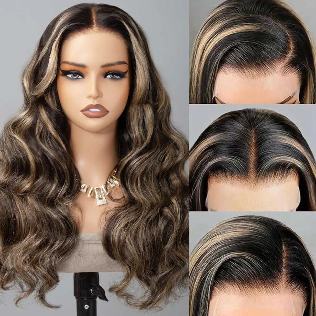 Glueless Brown Mixed Blonde Highlights Loose Wave Long Wig