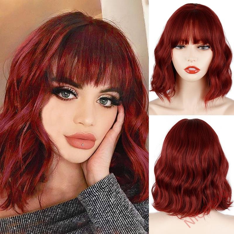 Wine Red Medium Hiar Bob Body Wave Wig With Bangs