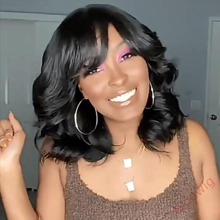 Natural Black Medium Hair Bob Body Wave Wig With Bangs