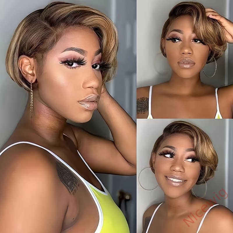 Glueless Short Wig Brown Mixed Gold Bob Straight Pixie Cut Hair