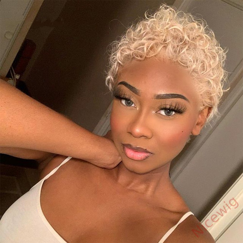 Glueless Blonde Afro Short Cut Curly Hair Wig