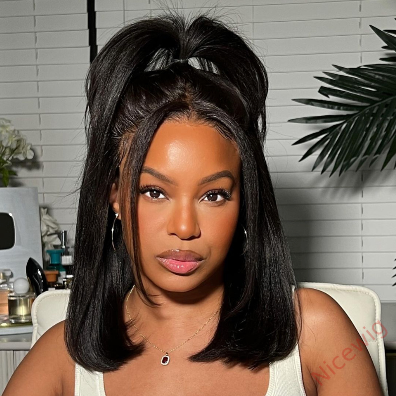 New Glueless Yaki Kinky Straight Black Wig