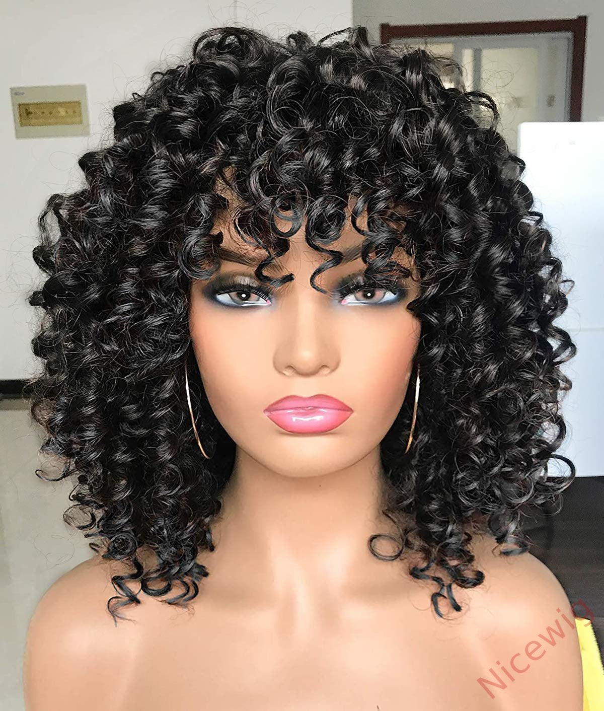 Salt and Pepper Glueless Curly Wig With Bangs