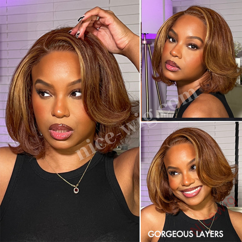 New Glueless Short Wavy Bob Hair Brown mixed Blonde Wavy Wig