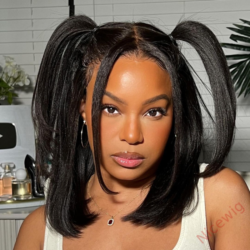 New Glueless Yaki Kinky Straight Black Wig
