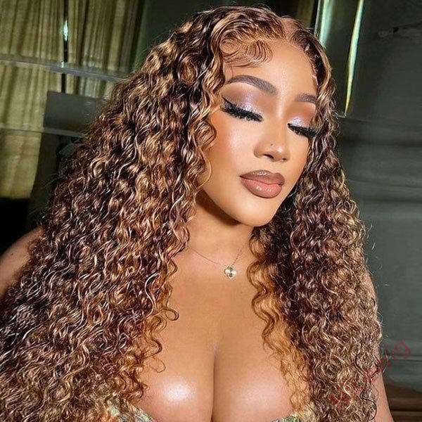 Hightlight Black Mixed Brown Brazilian Water Wave Curly Wig