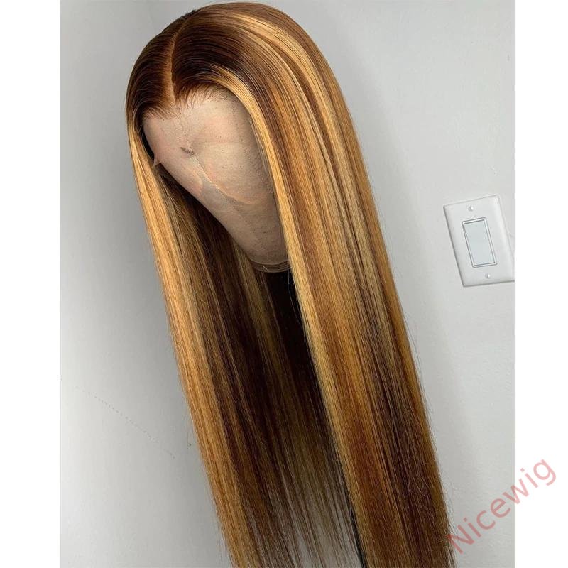 Brown Mixed Gold Highlight Straight Wigs