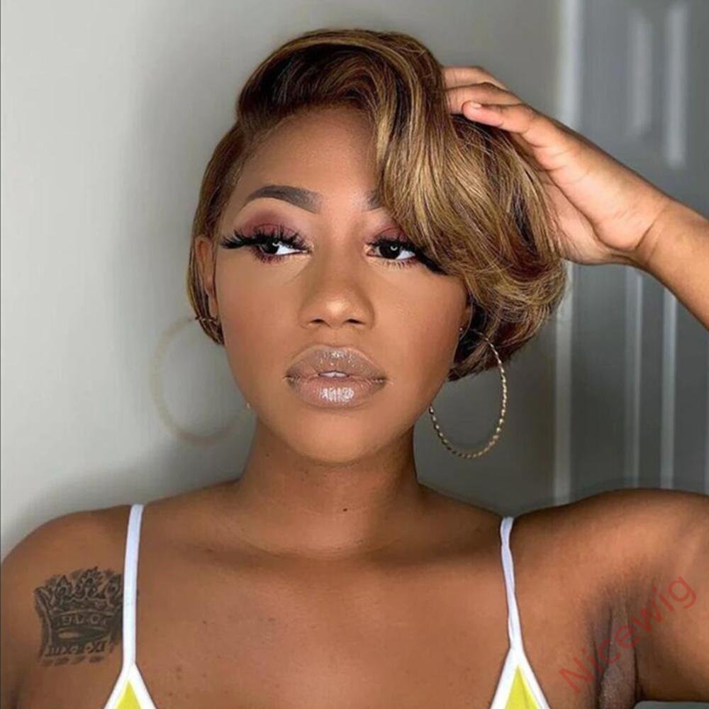 Glueless Short Wig Brown Mixed Gold Bob Straight Pixie Cut Hair