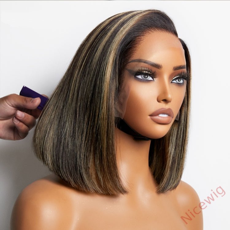 New Glueless Lovely Natrual Bob Styles Silky Hair Brown mixed Blonde Wig