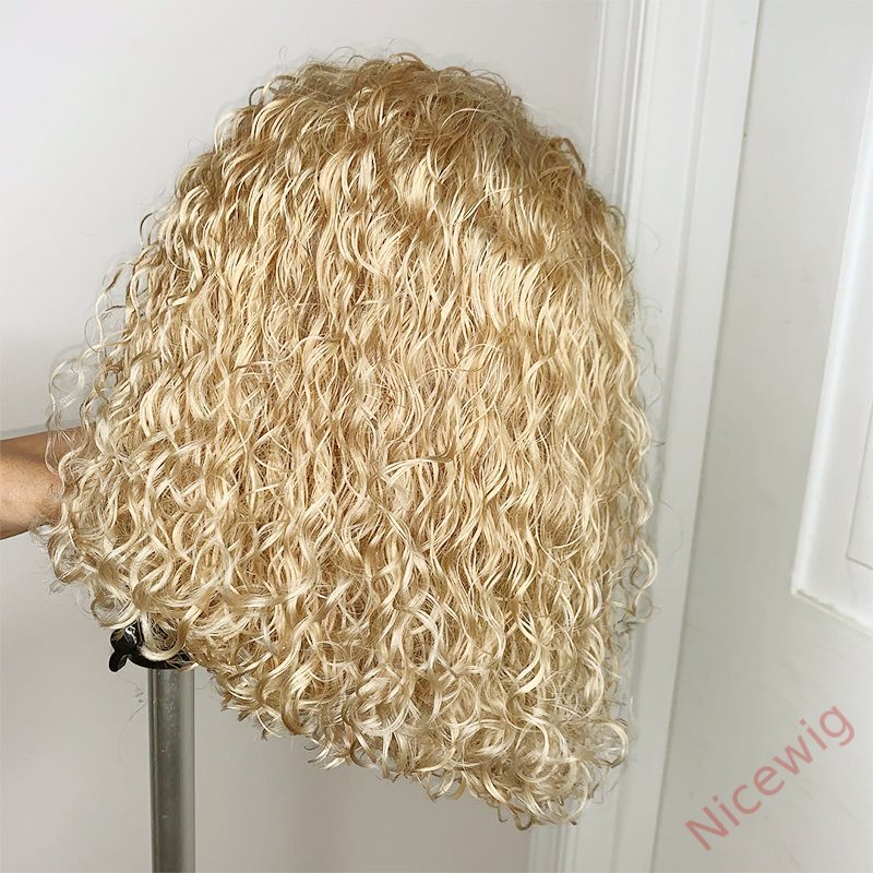 Glueess Blonde Short Bob Centre Parting Curly Wig