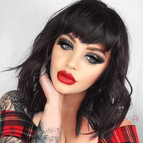 Natural Black Medium Hair Bob Body Wave Wig With Bangs