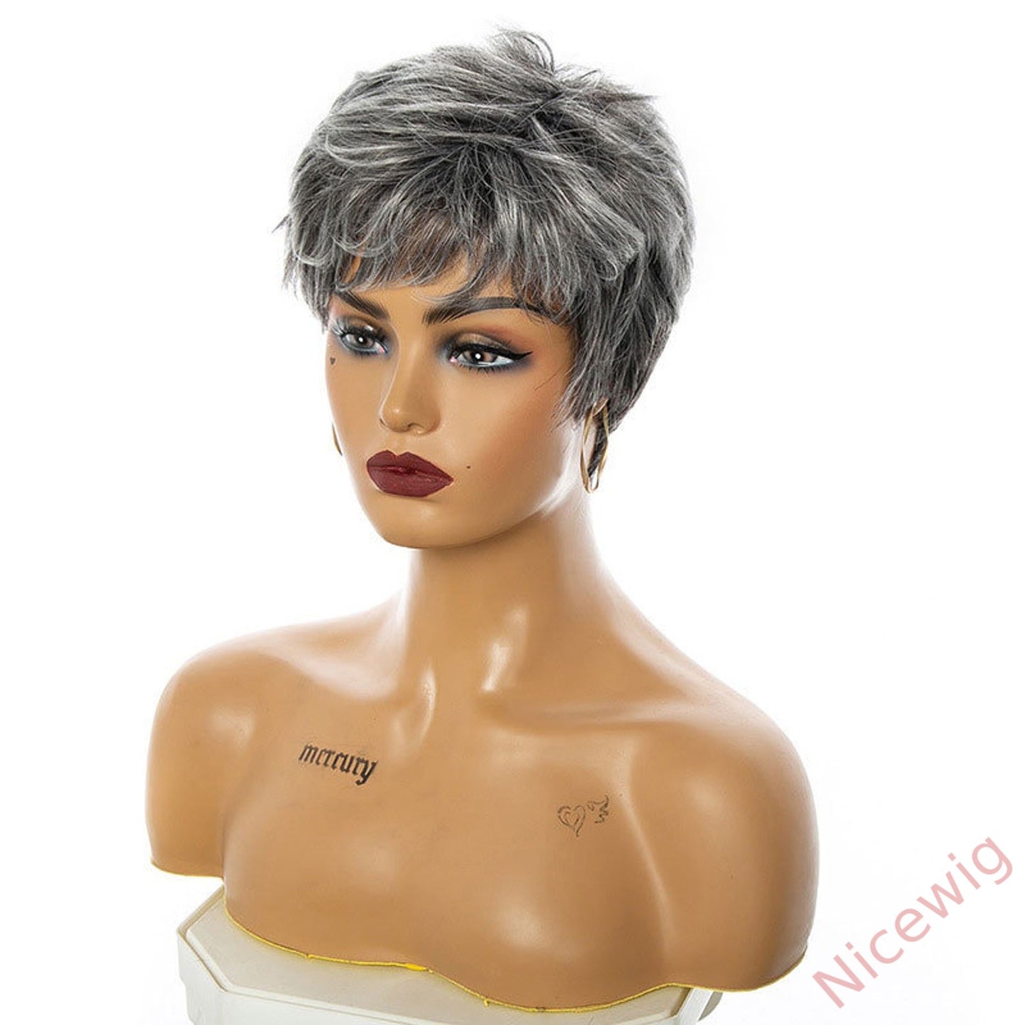 New Glueless Salt and Pepper Short Straight Bob Pixe Cut Wig