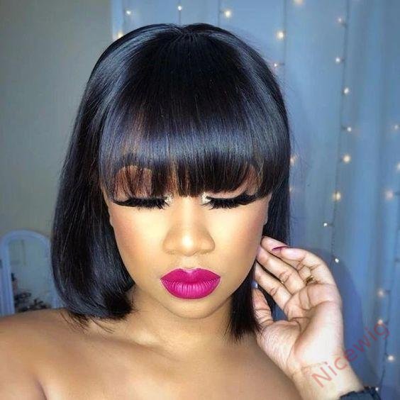 Brown Brazilian Straight Hair BOB Wigs Lady Wig With Bangs