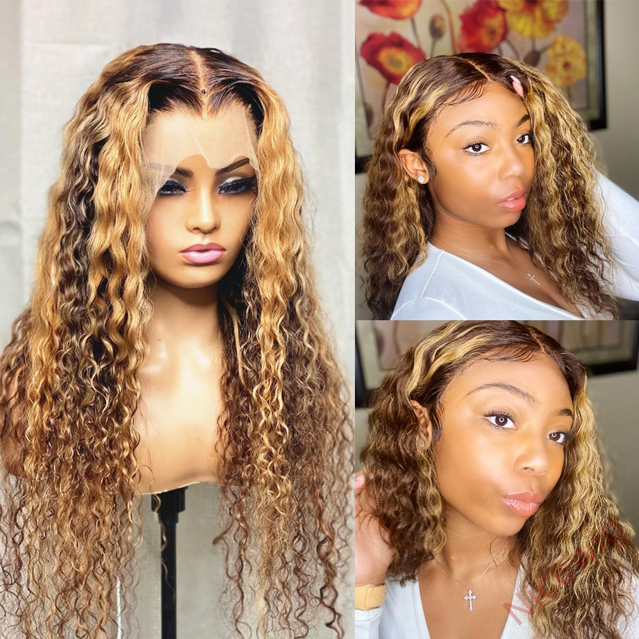 Glueless Hightlight Mixed Blonde Brazilian Long Hair Curly Wig