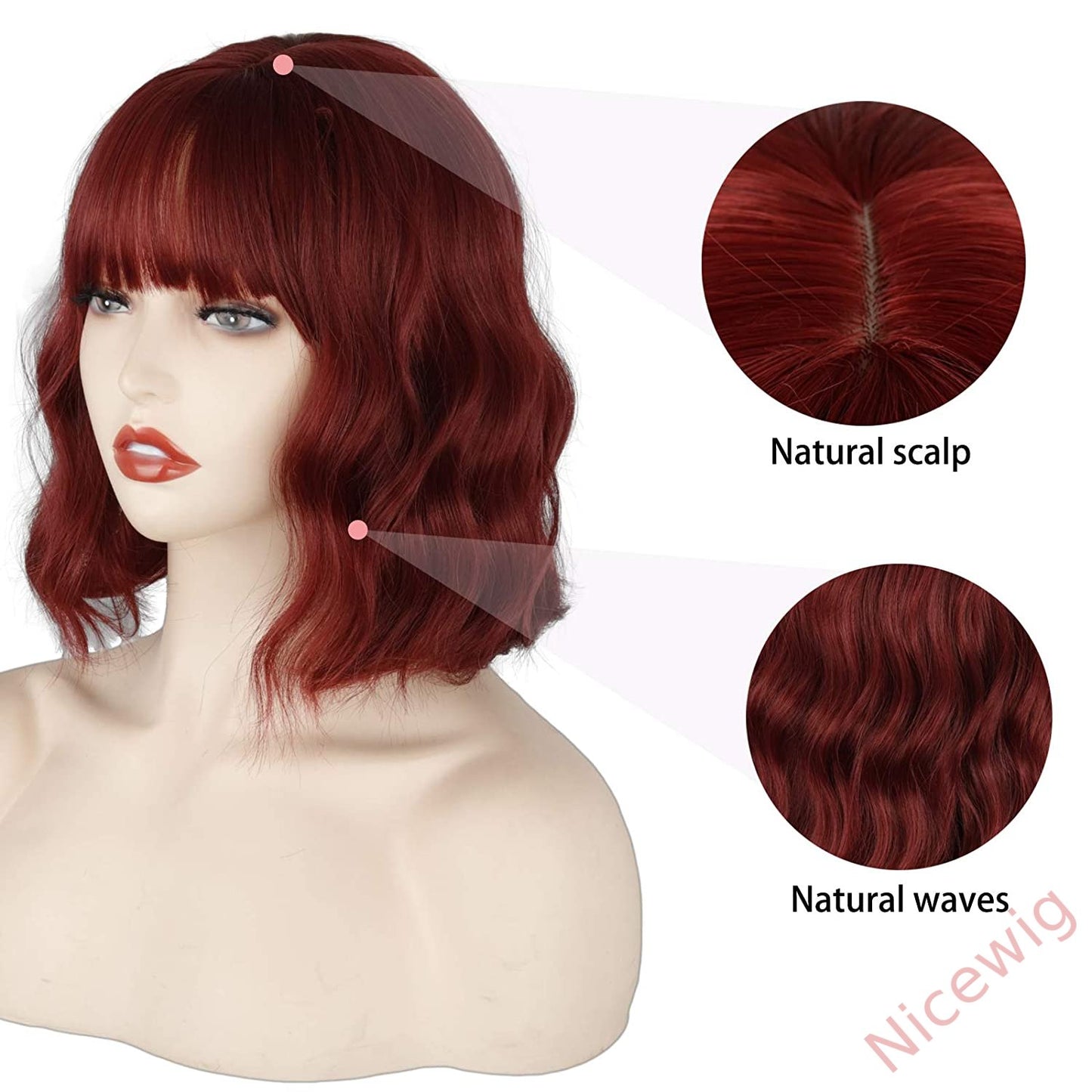 Wine Red Medium Hiar Bob Body Wave Wig With Bangs