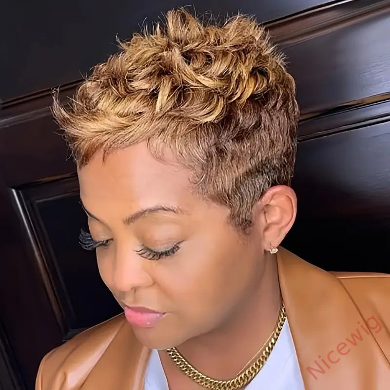 Short Mixed Brown Curly Wig Short Hairstyles Short Pixie Cut Wig