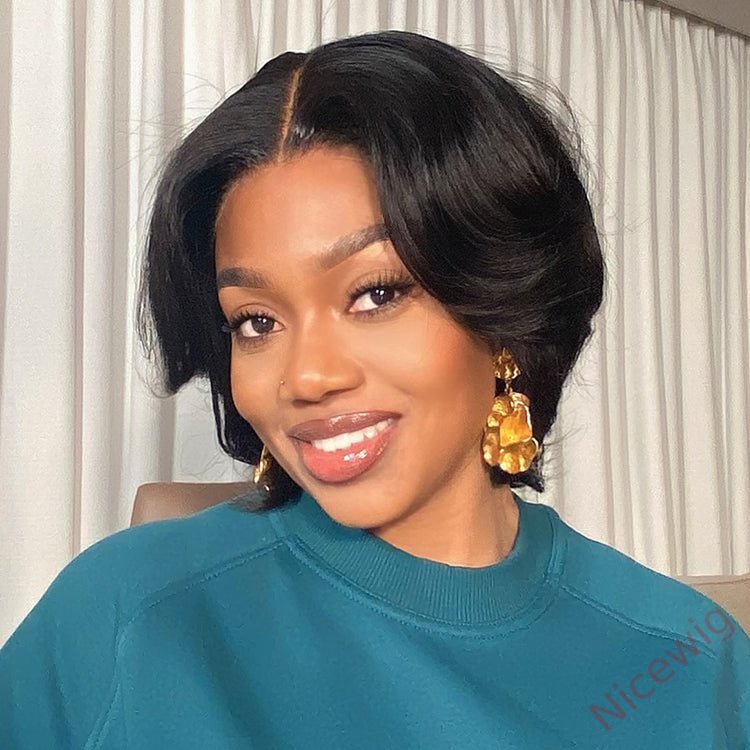 New Glueless Short Wavy Bob Hair Natural Black Wig