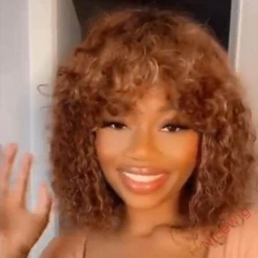 Light Brown Brazilian Remy Curly Hair Wig With Bangs Glueless Wigs