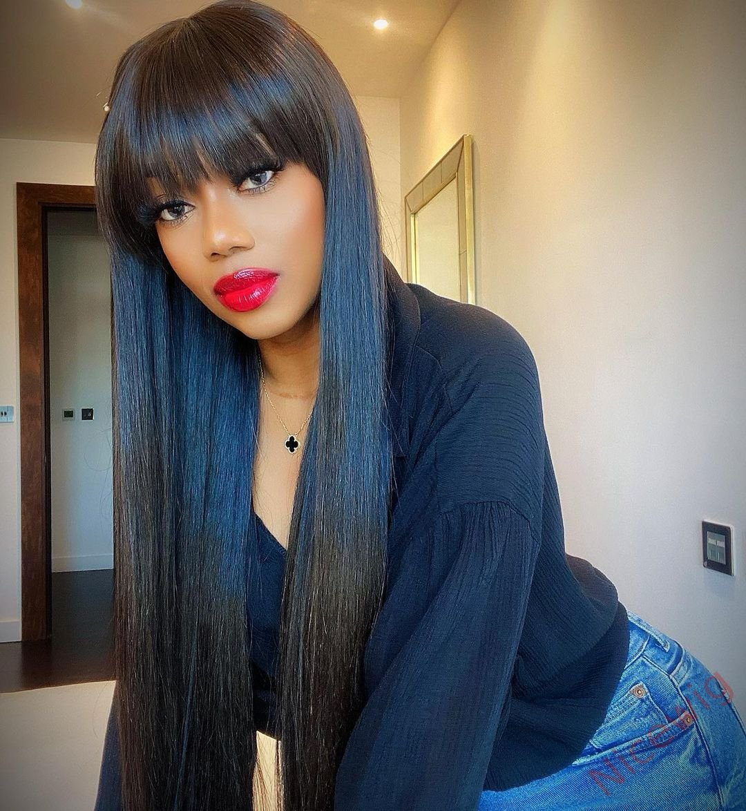 Glueless Beautiful Natural Black Long Straight Wig With Bang
