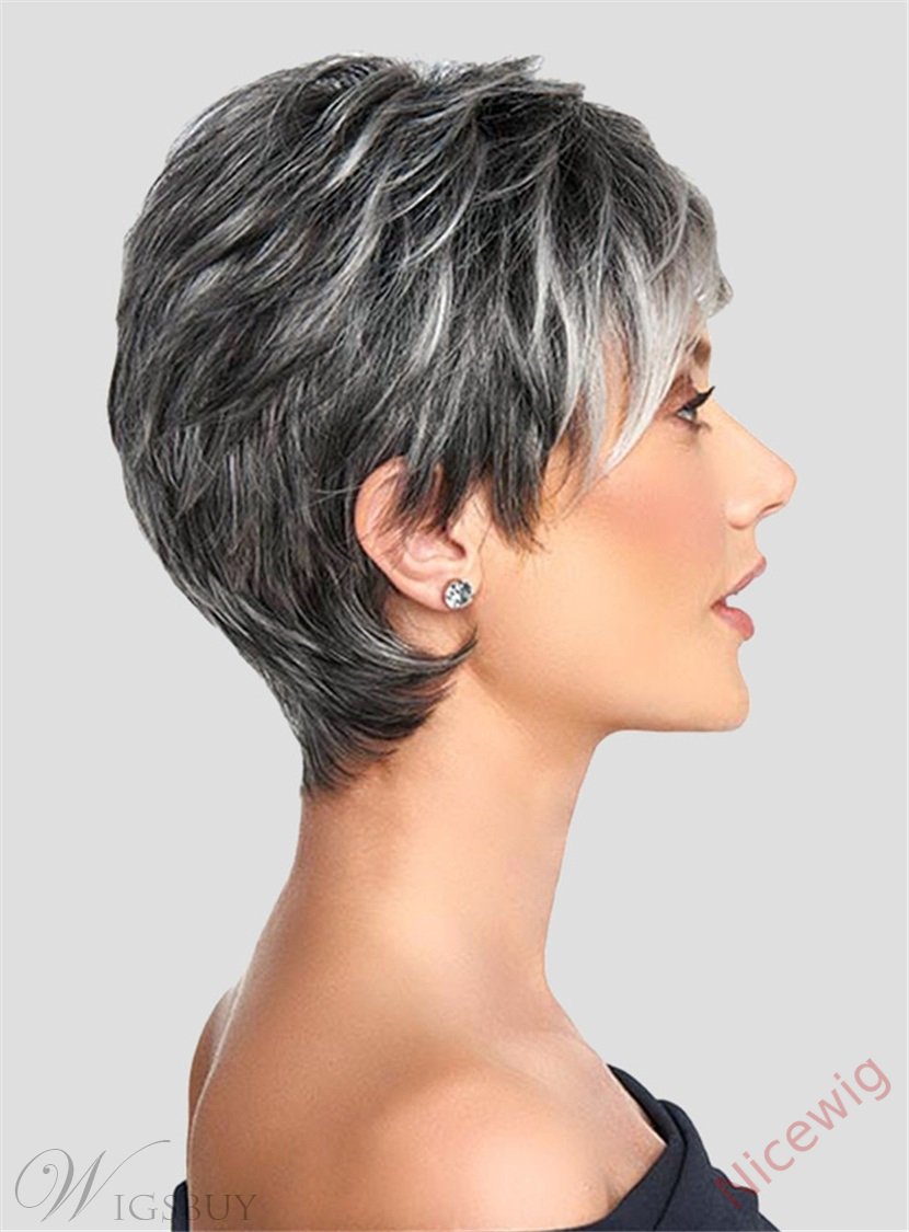 Glueless Salt and Pepper Short Straight Bob Pixe Cut Wig