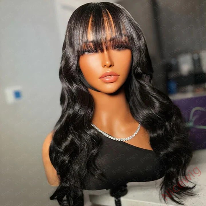 Brazilian Body Wave With Bangs Black Women Glueless Machine Made Remy Wigs