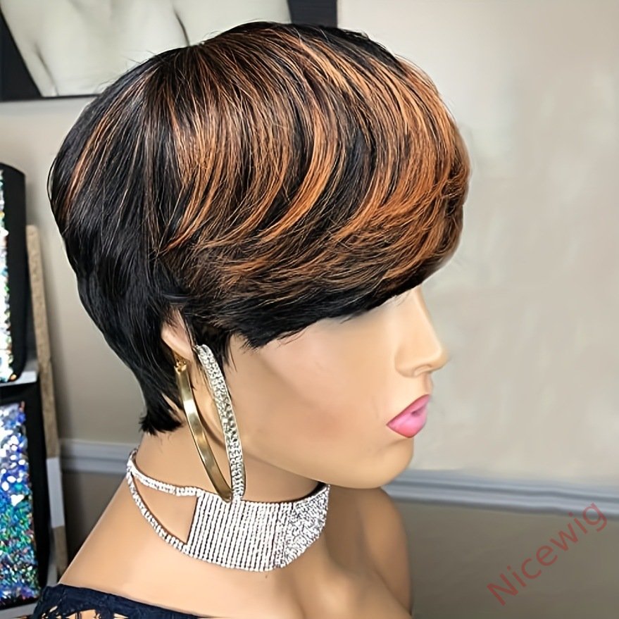 Glueless Black Gold Straight Hair Short Pixe Cut Wig